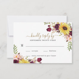 Sonnenblume Burgund Gold Blush Peony Rose Hochzeit RSVP Karte