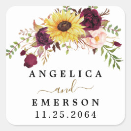 Sonnenblume Burgund Red Blush Peony Rose Hochzeit Quadratischer Aufkleber