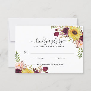 Sonnenblume Burgund Red Blush Peony Rose Hochzeit RSVP Karte
