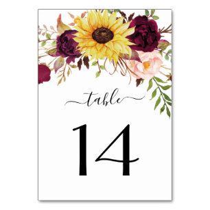Sonnenblume Burgund Red Blush Peony Rose Hochzeit Tischnummer