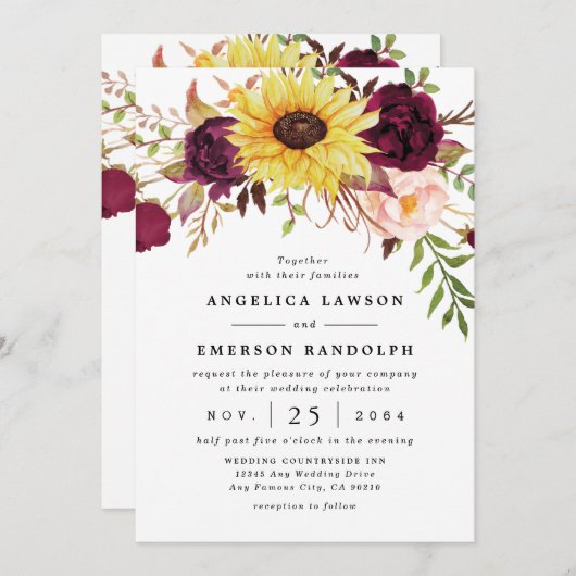 Sonnenblume Burgund Red Blush Rose Hochzeit Einladung (Vorne/Hinten)