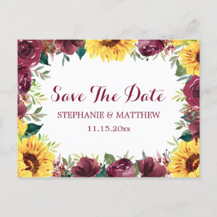 Sonnenblume Burgund Rose Border Save the Date Ankündigungspostkarte