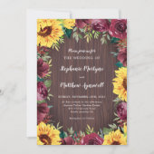Sonnenblume Burgund Rose Border Wood Wedding Einladung (Vorderseite)