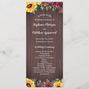 Sonnenblume Burgund Rose Border Wood Wedding Programm