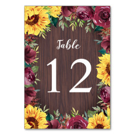 Sonnenblume Burgund Rose Border Wood Wedding Tischnummer