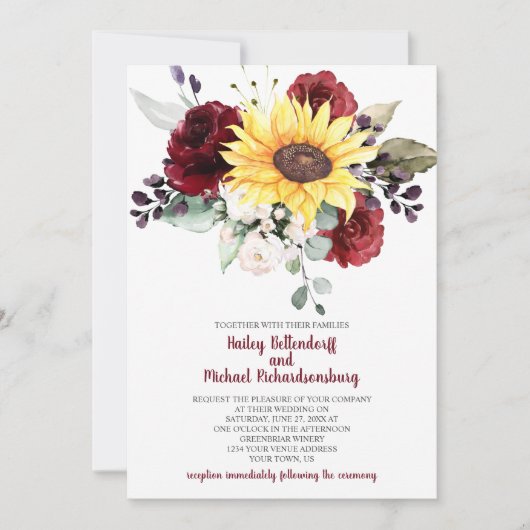Sonnenblume Burgund Rose Grüne Hochzeit Einladung (Vorderseite)