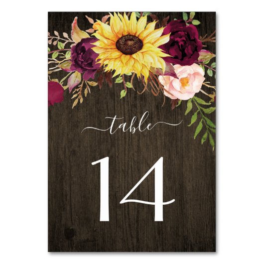 Sonnenblume Burgund Rote Rosen Rustikale Holzhochz Tischnummer (Rückseite)