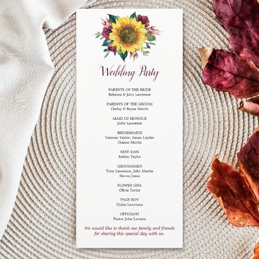 Sonnenblume Burgundy Bloral Geometric Wedding Programm