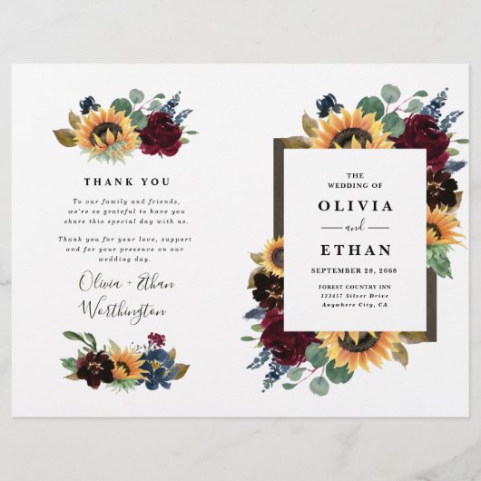 Sonnenblume Burgundy Blue Folded Wedding Programme (Vorderseite)