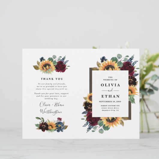 Sonnenblume Burgundy Blue Folded Wedding Programme (Stehend Vorderseite)