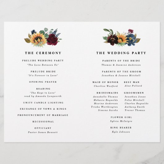 Sonnenblume Burgundy Blue Folded Wedding Programme (Rückseite)