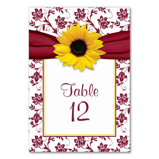 Sonnenblume Burgundy Blumenmuster Hochzeit Tischnummer (Vorderseite)
