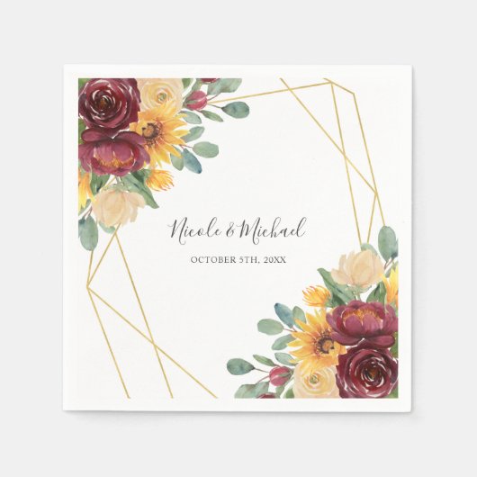 Sonnenblume Burgundy Floral Gold Geometric Wedding Serviette (Vorderseite)