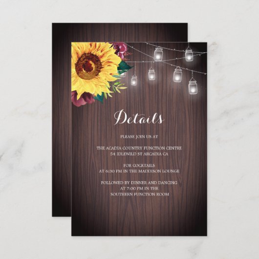 Sonnenblume Burgundy Jar Lights Hochzeitdetails Begleitkarte (Vorne/Hinten)