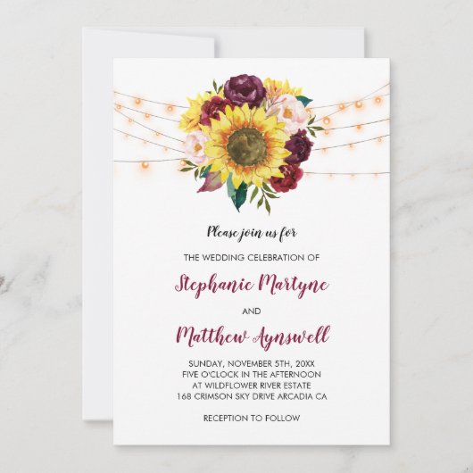 Sonnenblume Burgundy Marsala Blumenlampen Hochzeit Einladung (Vorderseite)