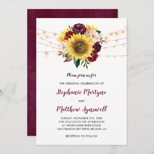 Sonnenblume Burgundy Marsala Blumenlampen Hochzeit Einladung (Vorne/Hinten)