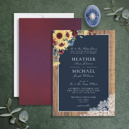 Sonnenblume Burgundy Navy Blue Wood Script Hochzei Einladung