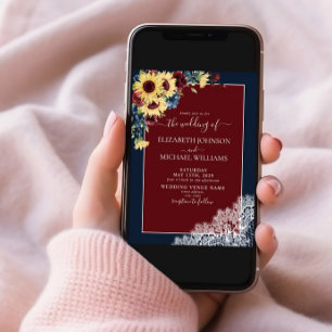 Sonnenblume Burgundy Navy Blue Wood Script Hochzei Einladung