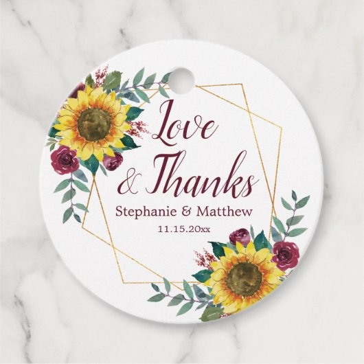 Sonnenblume Burgundy Rose Geometric Wedding Danke Geschenkanhänger (Vorderseite)