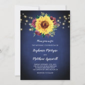 Sonnenblume Burgundy Rose Lights Navy Blue Wedding Einladung (Vorderseite)