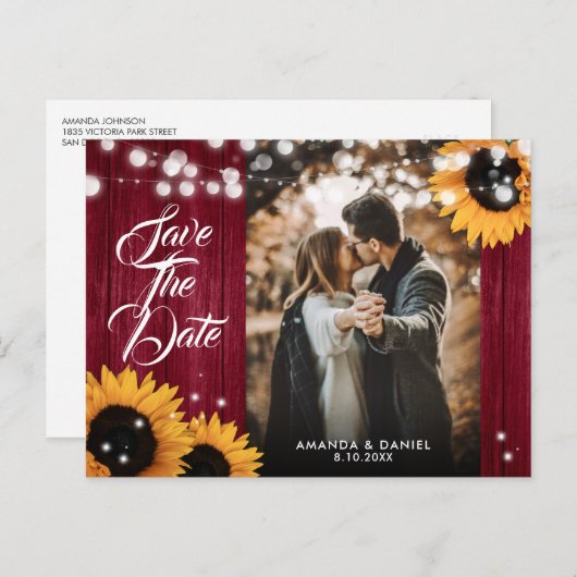 Sonnenblume Burgundy Wedding Foto Save the Date Ankündigungspostkarte (Vorne/Hinten)