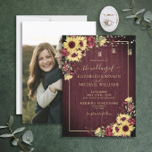 Sonnenblume Burgundy Wood Floral Foto Hochzeit Einladung