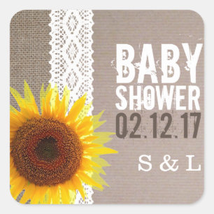 Sonnenblume Burlap & Crochet Lace Baby Dusche Quadratischer Aufkleber