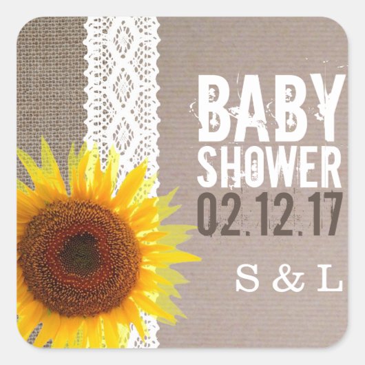 Sonnenblume Burlap & Crochet Lace Baby Dusche Quadratischer Aufkleber (Vorderseite)