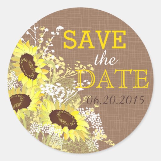 Sonnenblume Burlap Rustikales Save the Date Label Runder Aufkleber (Vorderseite)