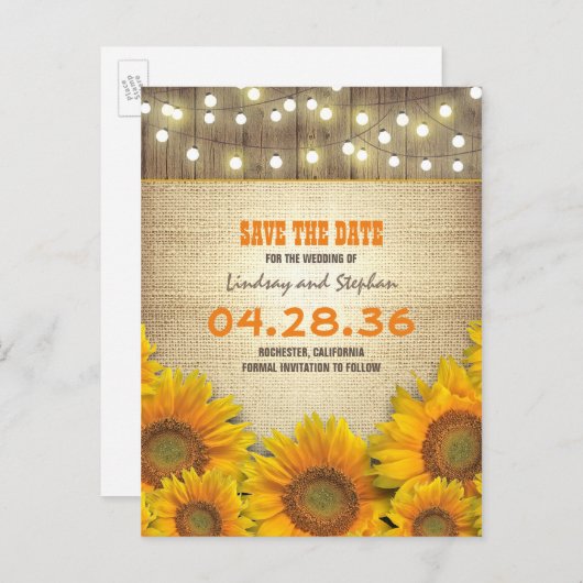 Sonnenblume Burlap String Light Rustikal Save the Ankündigungspostkarte (Vorne/Hinten)