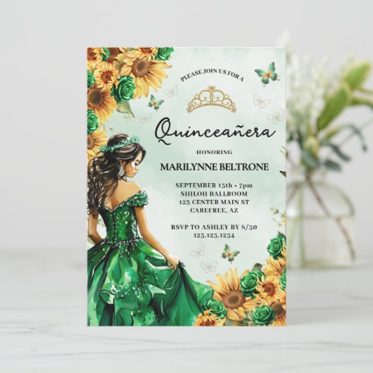 Sonnenblume Butterfly Grüne Prinzessin Quinceañera Einladung (Stehend Vorderseite)