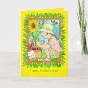 Sonnenblume der Mutter Tages, Mädchen mit Karte