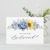 Sonnenblume Dusty Blue Bleibt meine Bridesmaid Einladung (Stehend Vorderseite)