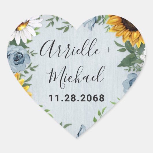 Sonnenblume Dusty Blue Country Rustikale Rose Hoch Herz-Aufkleber (Vorderseite)