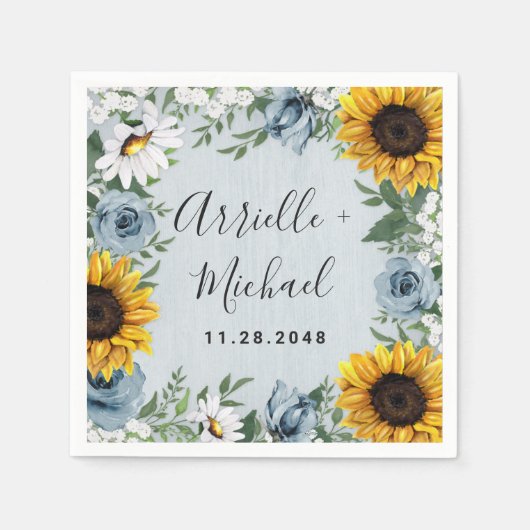 Sonnenblume Dusty Blue Country Rustikale Rose Hoch Serviette (Vorderseite)