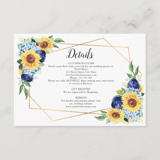 Sonnenblume Dusty Blue Geometric Wedding Details Begleitkarte (Vorderseite)