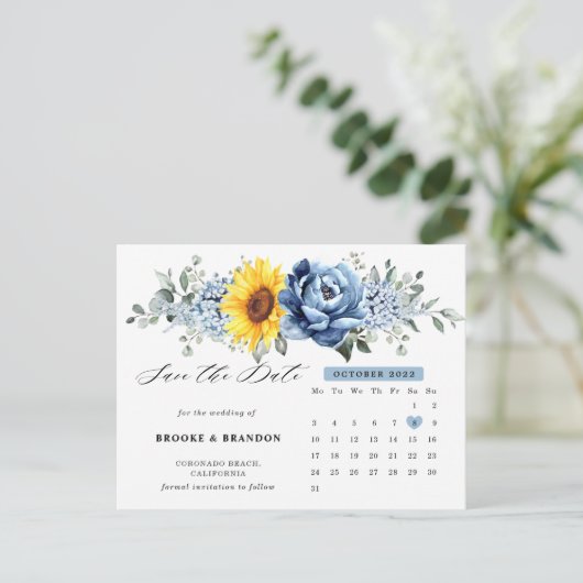 Sonnenblume Dusty Blue Peony Calendar Save the Dat Postkarte (Stehend Vorderseite)