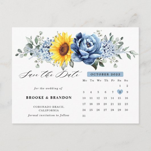 Sonnenblume Dusty Blue Peony Calendar Save the Dat Postkarte (Vorderseite)