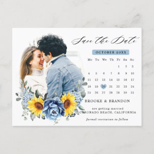 Sonnenblume Dusty Blue Peony Calendar Save the Dat Postkarte