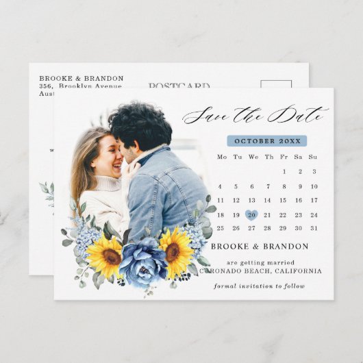 Sonnenblume Dusty Blue Peony Calendar Save the Dat Postkarte (Vorne/Hinten)
