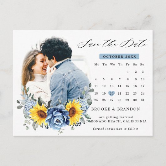 Sonnenblume Dusty Blue Peony Calendar Save the Dat Postkarte (Vorderseite)