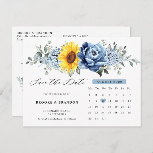 Sonnenblume Dusty Blue Peony Calendar Save the Dat Postkarte (Vorne/Hinten)