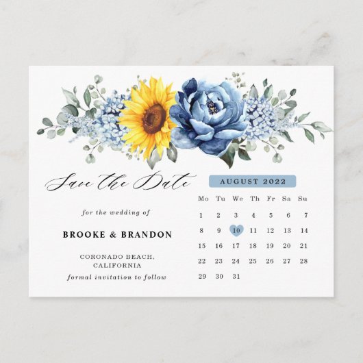 Sonnenblume Dusty Blue Peony Calendar Save the Dat Postkarte (Vorderseite)