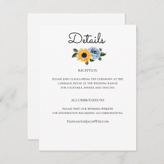 Sonnenblume Dusty Blue Rustic Wedding Begleitkarte (Vorne/Hinten)