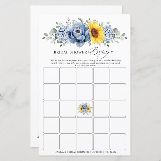 Sonnenblume Dusty Blue Slate Brautparty Bingo (Vorne/Hinten)