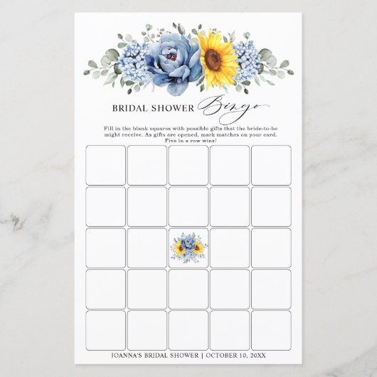 Sonnenblume Dusty Blue Slate Brautparty Bingo (Vorderseite)