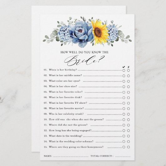 Sonnenblume Dusty Blue Slate Brautparty Game (Vorne/Hinten)