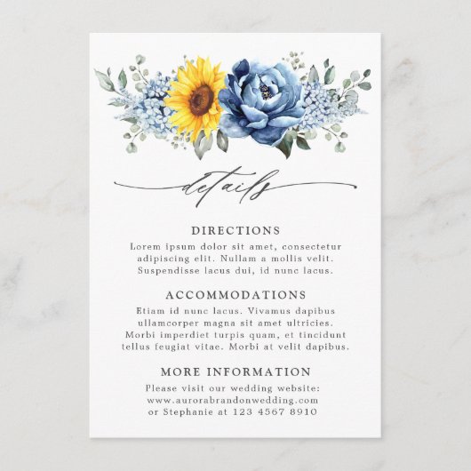 Sonnenblume Dusty Blue Slate Floral Hochzeit Detai Begleitkarte (Vorderseite)