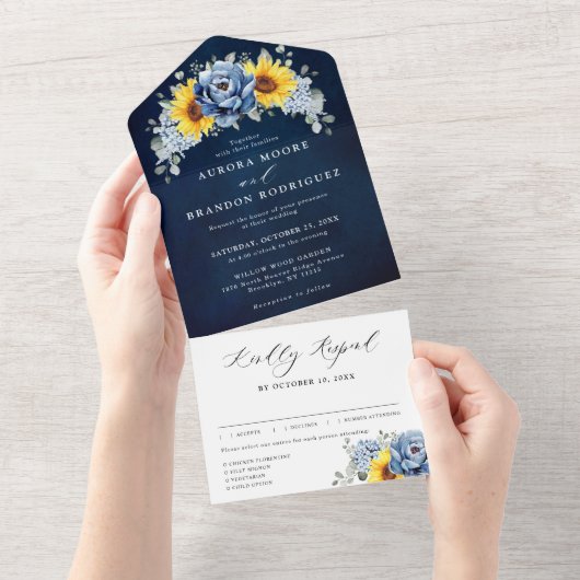 Sonnenblume Dusty Blue Slate Peony Floral Wedding All In One Einladung (Abreißen)