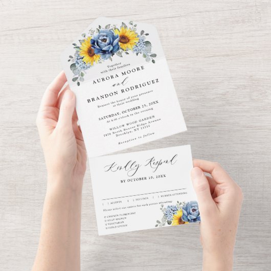 Sonnenblume Dusty Blue Slate Peony Floral Wedding All In One Einladung (Abreißen)